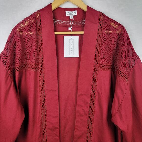 Bohemian Cardigan OS Kimono Sleeves Crotchet Open Front Burgundy Cover Up Casual - Picture 2 of 9